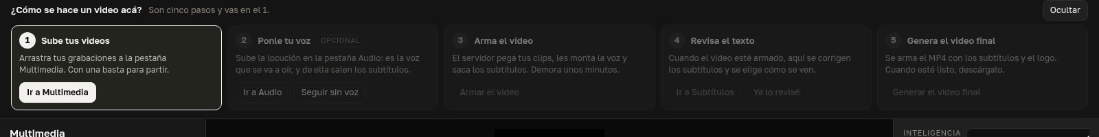 Los cinco pasos del Estudio de Video: sube tus videos, ponle tu voz, arma el video, revisa el texto y genera el video final